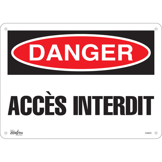 Zenith Safety Products "Accès Interdit" Sign, 10" x 14", Plastic, French