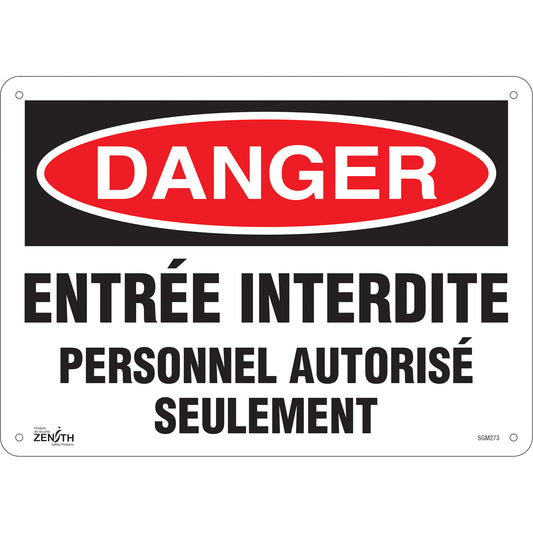 Zenith Safety Products "Personnel Autorisé Seulement" Sign, 10" x 14", Plastic, French