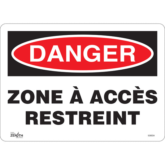 Zenith Safety Products "Zone à Accès Restreint" Sign, 10" x 14", Vinyl, French