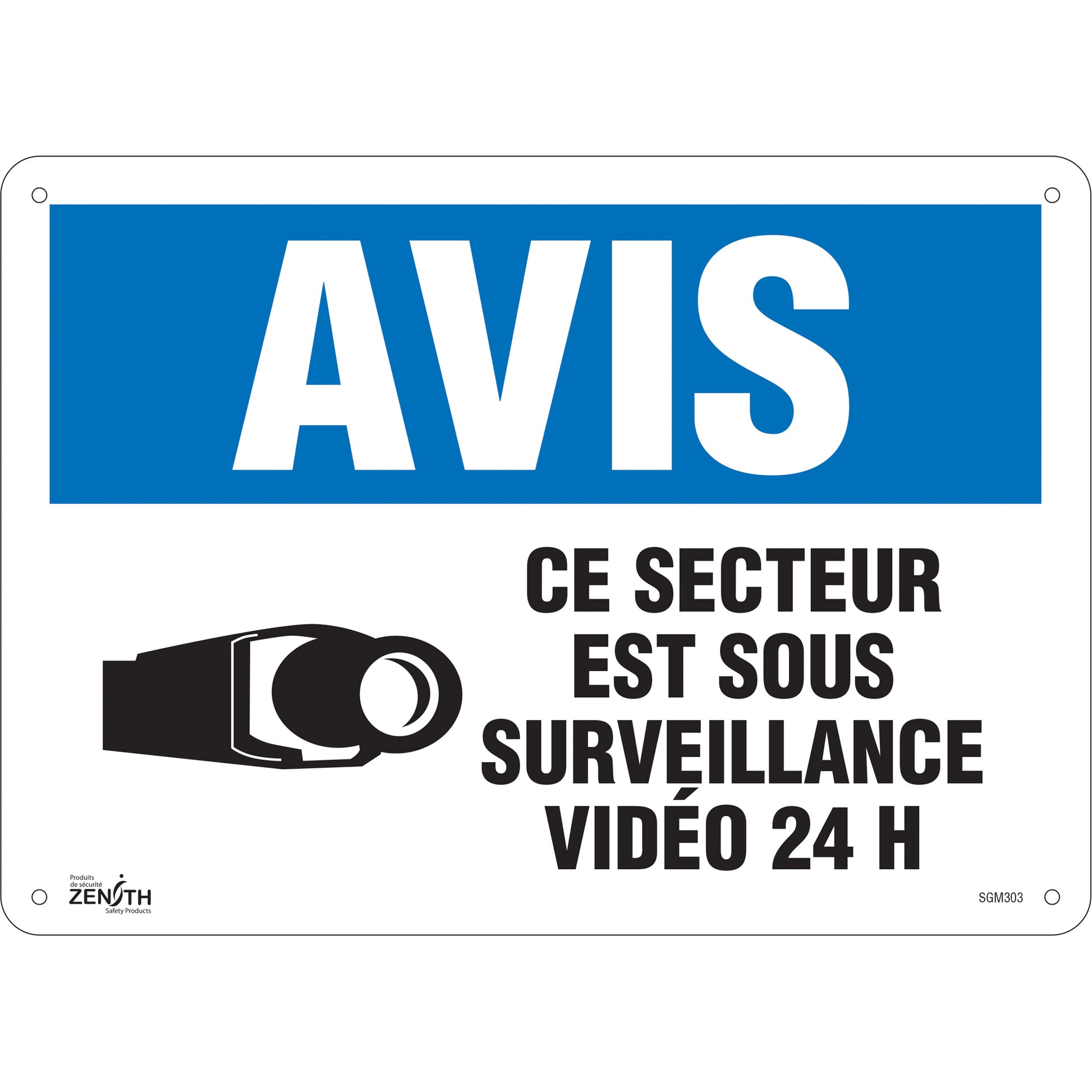 Zenith Safety Products "Ce Secteur est Sous Surveillance" Sign, 10" x 14", Plastic, French with Pictogram