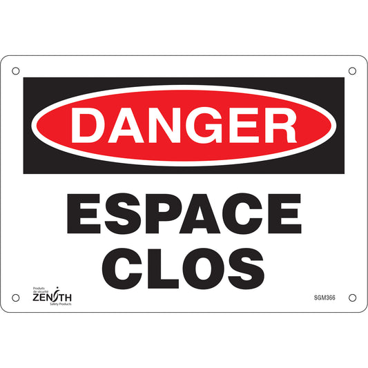 Zenith Safety Products "Espace Clos" Sign, 7" x 10", Plastic, French