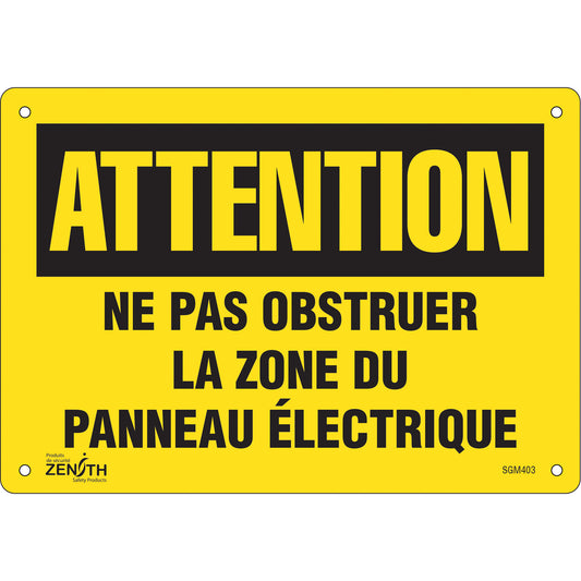 Zenith Safety Products "Zone du Panneau Électrique" Sign, 7" x 10", Aluminum, French