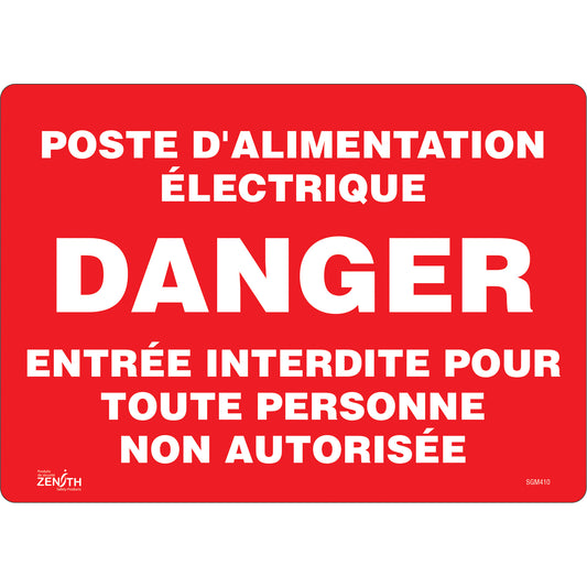Zenith Safety Products "Poste D'Alimentation Électrique" Sign, 10" x 14", Vinyl, French