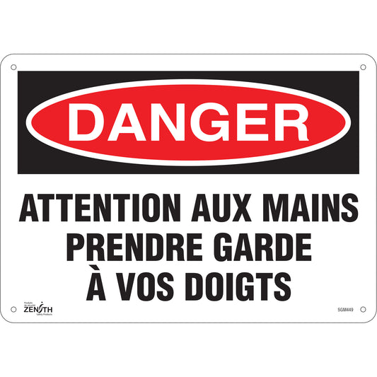 Zenith Safety Products "Prendre Garde À Vos Doigts" Sign, 10" x 14", Plastic, French