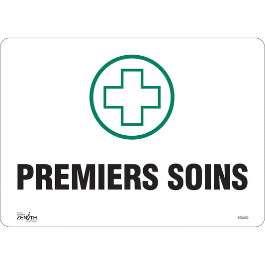 Zenith Safety Products "Premiers Soins" Sign, 10" x 14", Vinyl, French with Pictogram