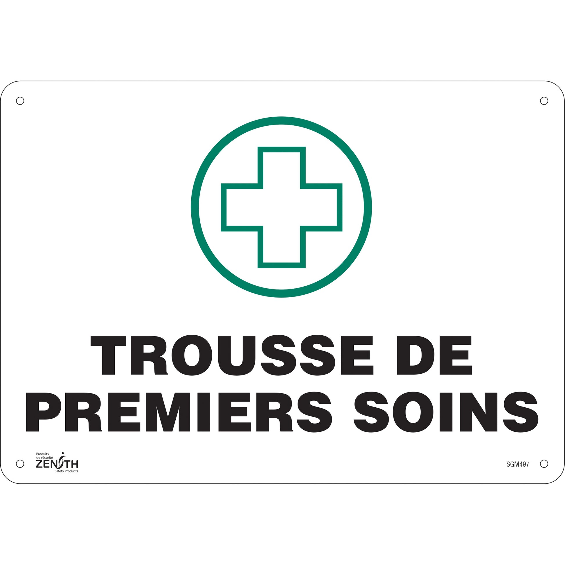 Zenith Safety Products "Premiers Soins" Sign, 10" x 14", Plastic, French with Pictogram