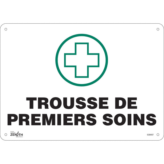 Zenith Safety Products "Premiers Soins" Sign, 10" x 14", Plastic, French with Pictogram