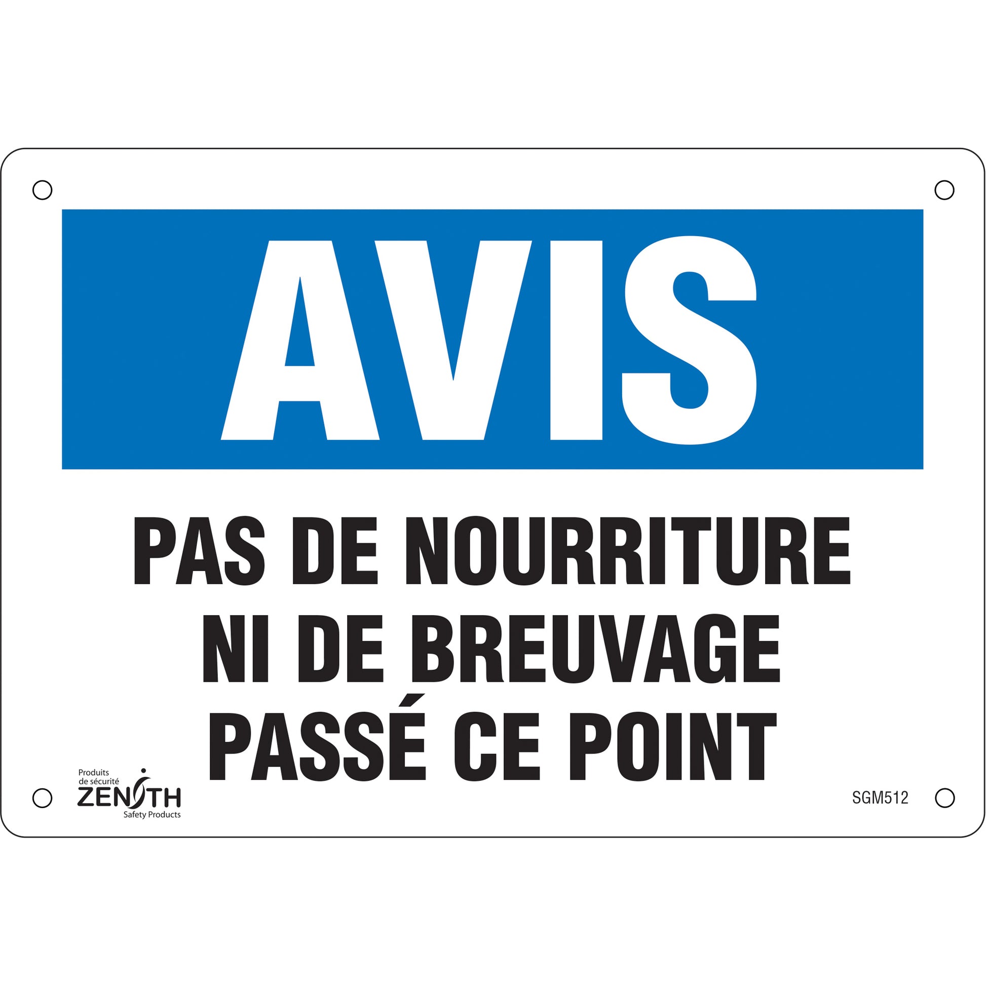 Zenith Safety Products "Pas de Nourriture" Sign, 7" x 10", Plastic, French