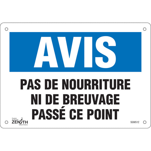 Zenith Safety Products "Pas de Nourriture" Sign, 7" x 10", Plastic, French
