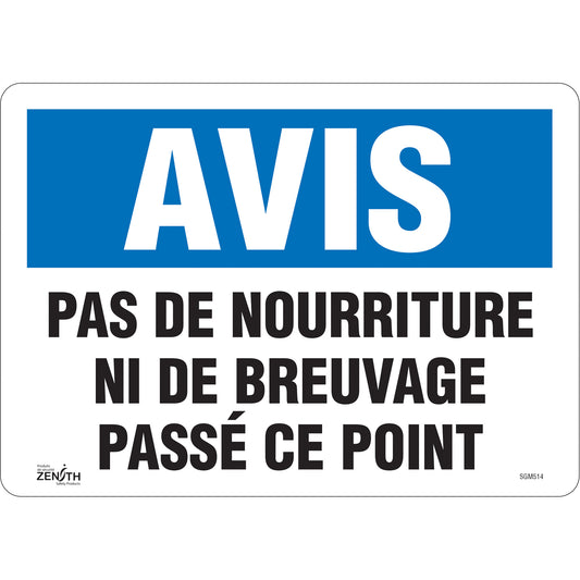 Zenith Safety Products "Pas de Nourriture" Sign, 10" x 14", Vinyl, French