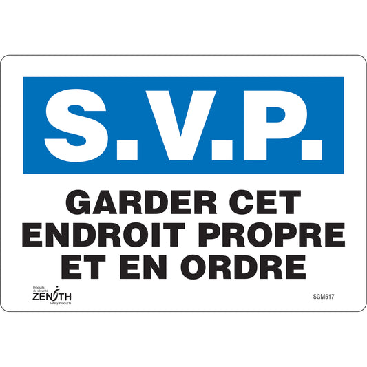 Zenith Safety Products "Garder cet Endroit Propre" Sign, 7" x 10", Vinyl, French