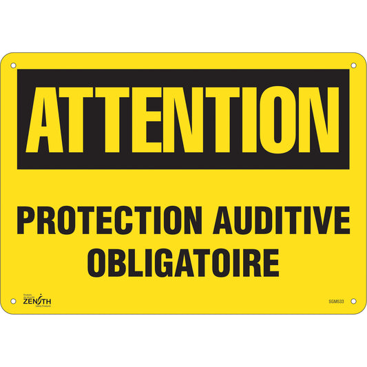 Zenith Safety Products "Protection Auditive Obligatoire" Sign, 10" x 14", Plastic, French