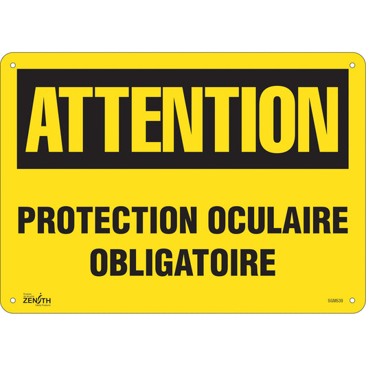 Zenith Safety Products "Protection Oculaire Obligatoire" Sign, 10" x 14", Plastic, French