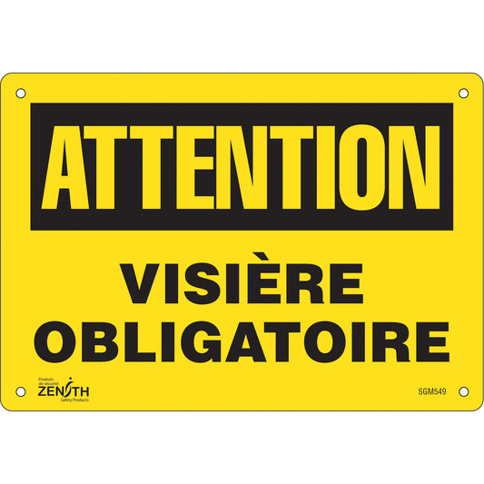 Zenith Safety Products "Visière Obligatoire" Sign, 7" x 10", Aluminum, French