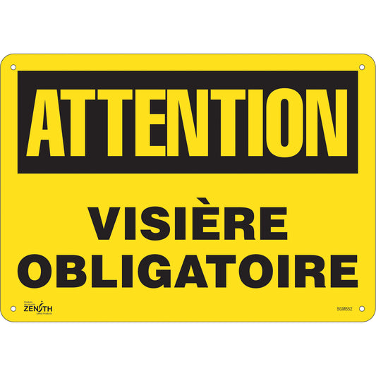 Zenith Safety Products "Visière Obligatoire" Sign, 10" x 14", Aluminum, French
