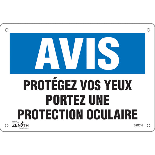 Zenith Safety Products "Protégez vos Yeux" Sign, 7" x 10", Aluminum, French