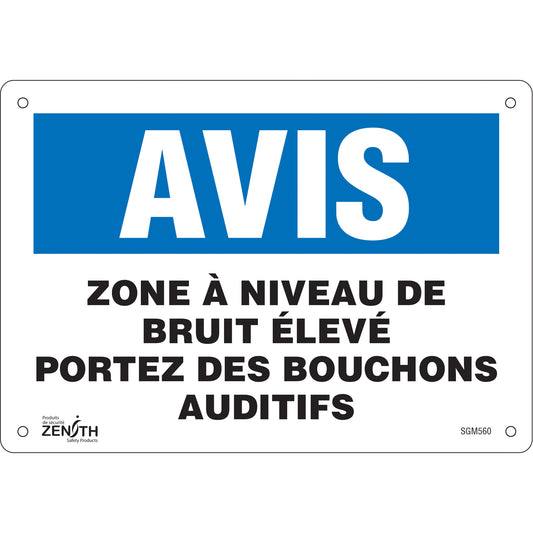 Zenith Safety Products "Portez Des Bouchons Auditifs" Sign, 7" x 10", Plastic, French