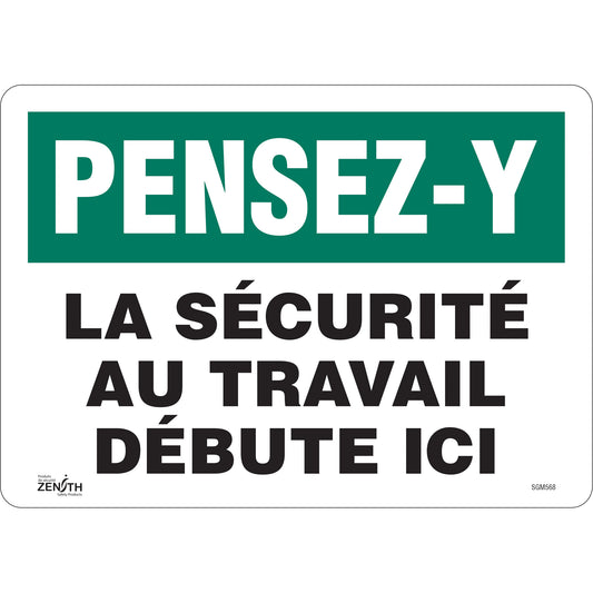 Zenith Safety Products "La Sécurité au Travail" Sign, 10" x 14", Vinyl, French