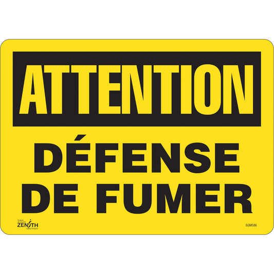 Zenith Safety Products "Défense De Fumer" Sign, 10" x 14", Vinyl, French