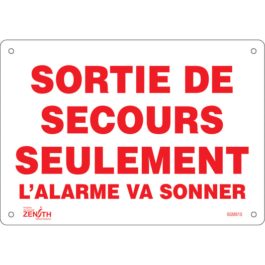 Zenith Safety Products "Sortie De Secours" Sign, 7" x 10", Aluminum, French