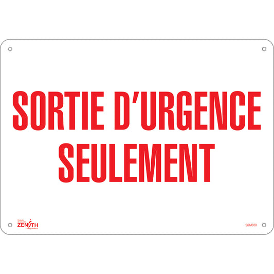 Zenith Safety Products "Sortie D'Urgence" Sign, 10" x 14", Aluminum, French