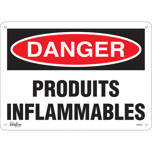 Zenith Safety Products "Produits Inflammables" Sign, 10" x 14", Plastic, French