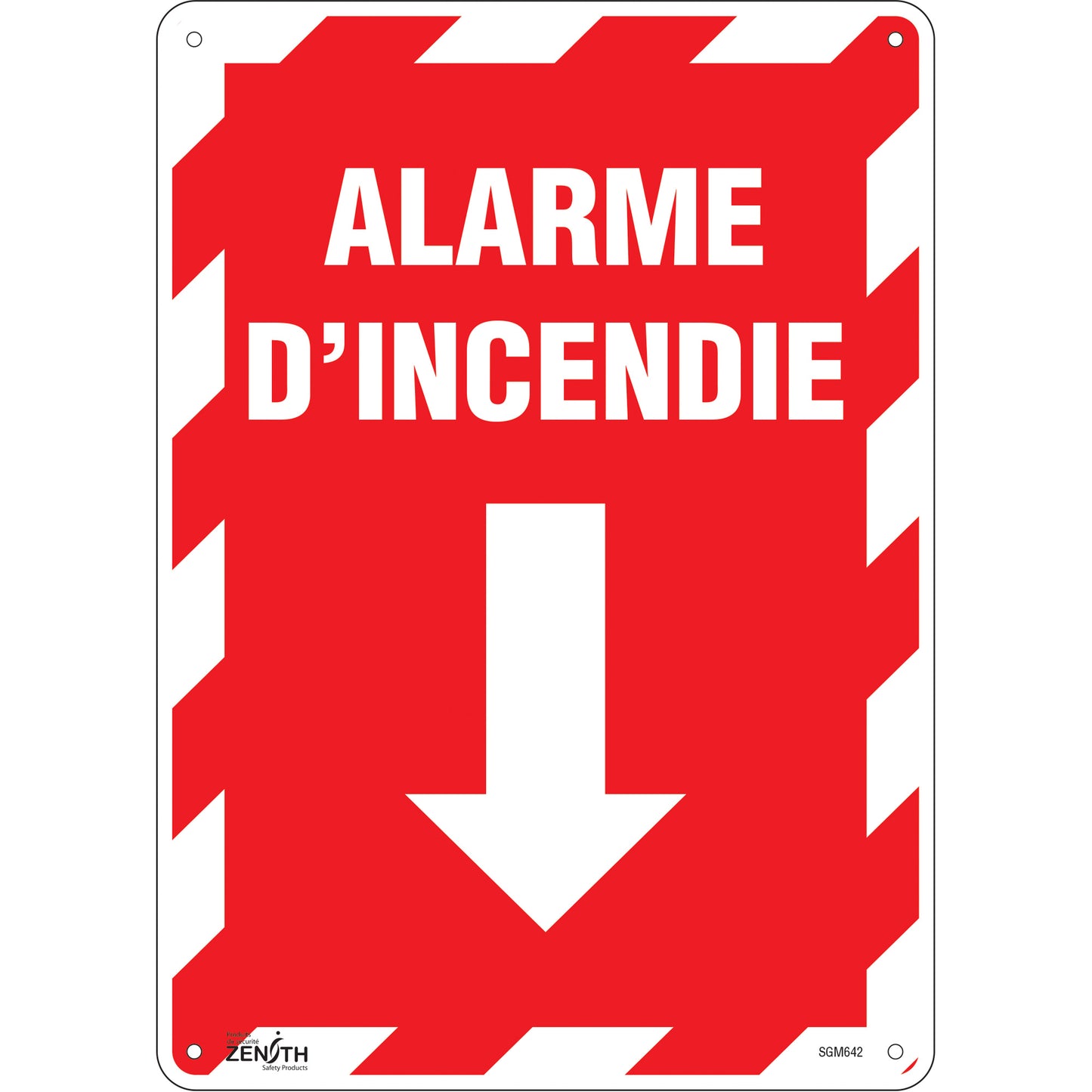 Zenith Safety Products "Alarme D'Incendie" Arrow Sign, 14" x 10", Aluminum, French with Pictogram