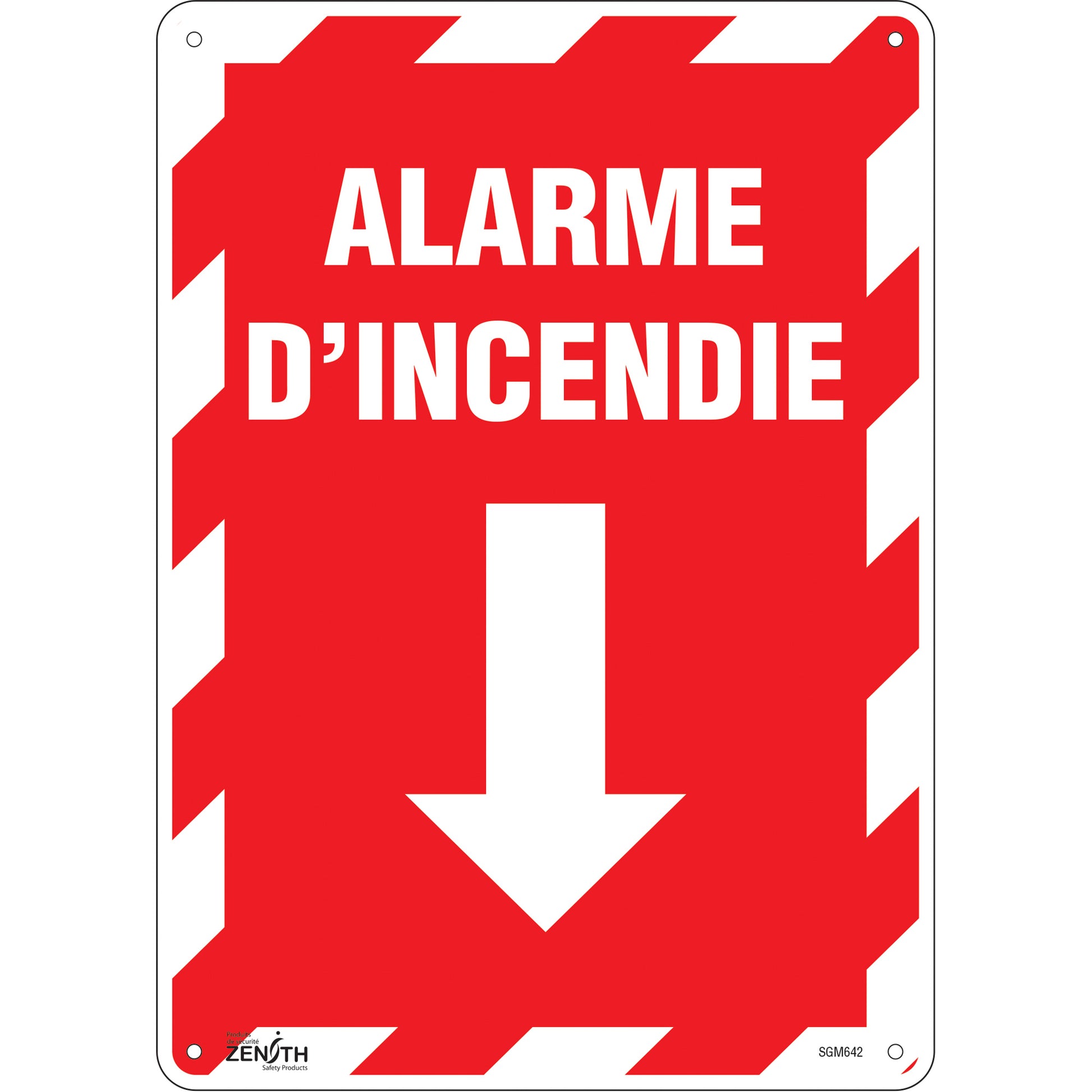 Zenith Safety Products "Alarme D'Incendie" Arrow Sign, 14" x 10", Aluminum, French with Pictogram