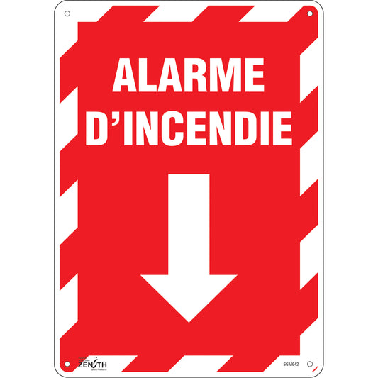 Zenith Safety Products "Alarme D'Incendie" Arrow Sign, 14" x 10", Aluminum, French with Pictogram