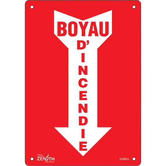 Zenith Safety Products "Boyau D'Incendie" Arrow Sign, 10" x 7", Aluminum, French with Pictogram