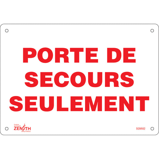 Zenith Safety Products "Porte De Secours" Sign, 7" x 10", Plastic, French