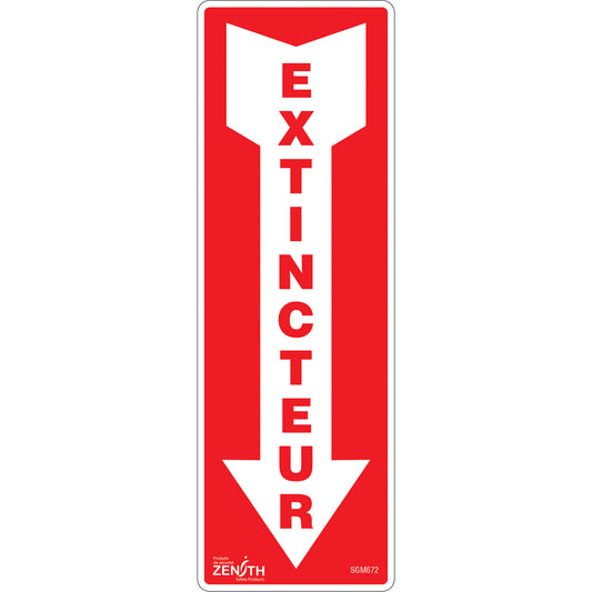 Zenith Safety Products "Extincteur" Arrow Sign, 12" x 4", Vinyl, French with Pictogram
