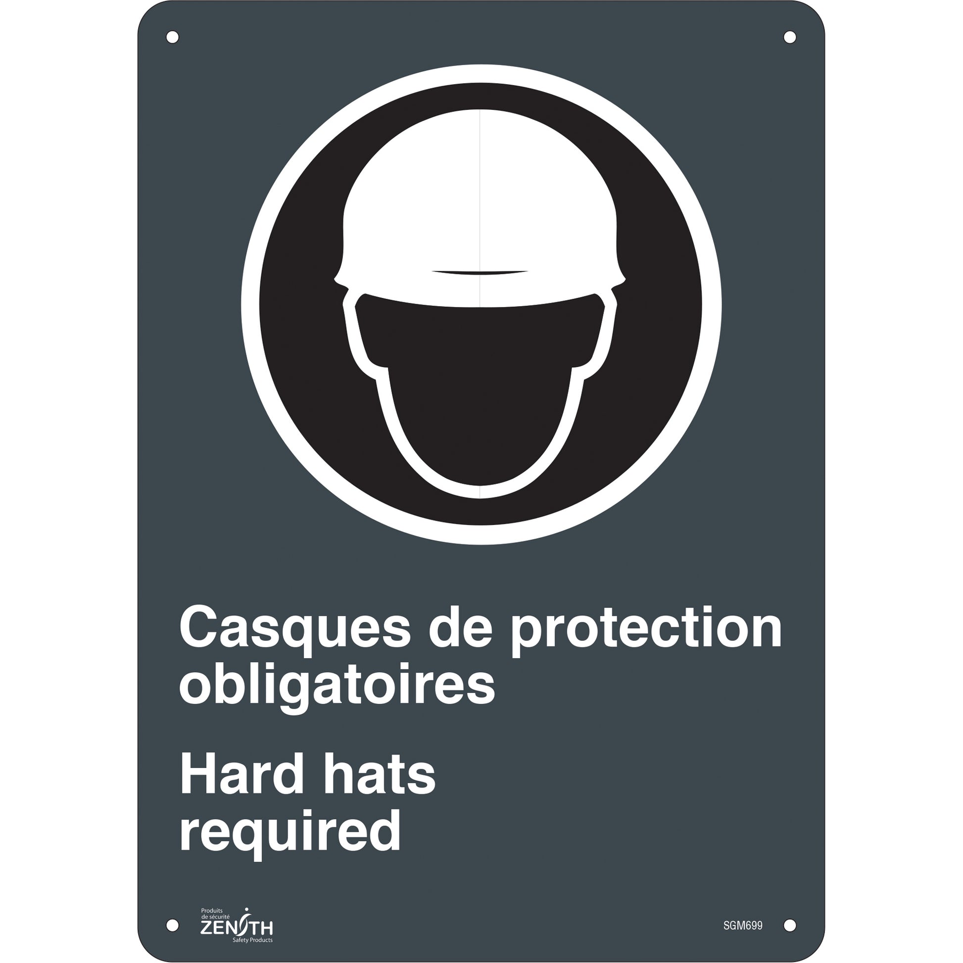 Zenith Safety Products "Hard Hats Required" Sign, 14" x 10", Aluminum, Bilingual with Pictogram