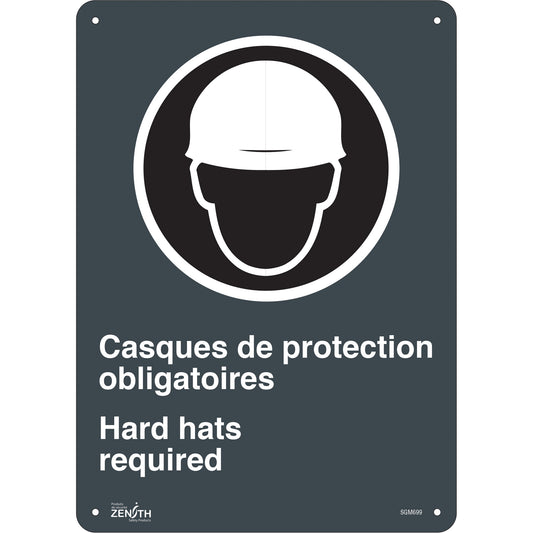 Zenith Safety Products "Hard Hats Required" Sign, 14" x 10", Aluminum, Bilingual with Pictogram