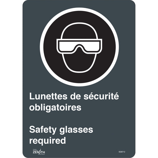 Zenith Safety Products "Safety Glasses Required/Lunettes de sécurité obligatoires" Sign, 14" x 10", Vinyl, Bilingual with Pictogram