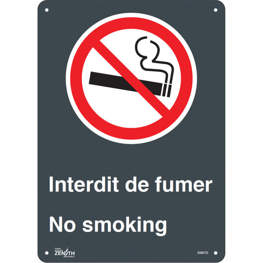 Zenith Safety Products "Interdit De Fumer/No Smoking" Sign, 14" x 10", Plastic, Bilingual with Pictogram