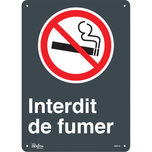 Zenith Safety Products "Interdit De Fumer" Sign, 14" x 10", Plastic, French with Pictogram