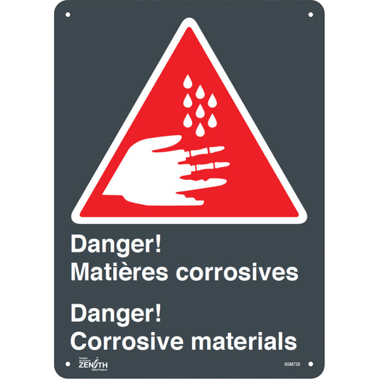 Zenith Safety Products "Matières Corrosives/Corrosive Materials" Sign, 14" x 10", Plastic, Bilingual with Pictogram
