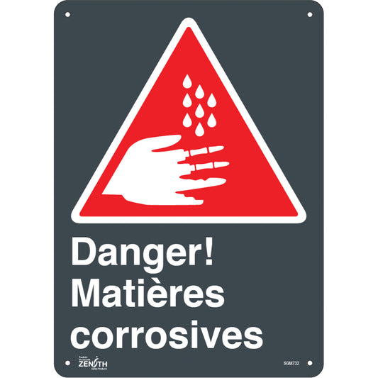 Zenith Safety Products "Matières Corrosives" Sign, 14" x 10", Aluminum, French with Pictogram