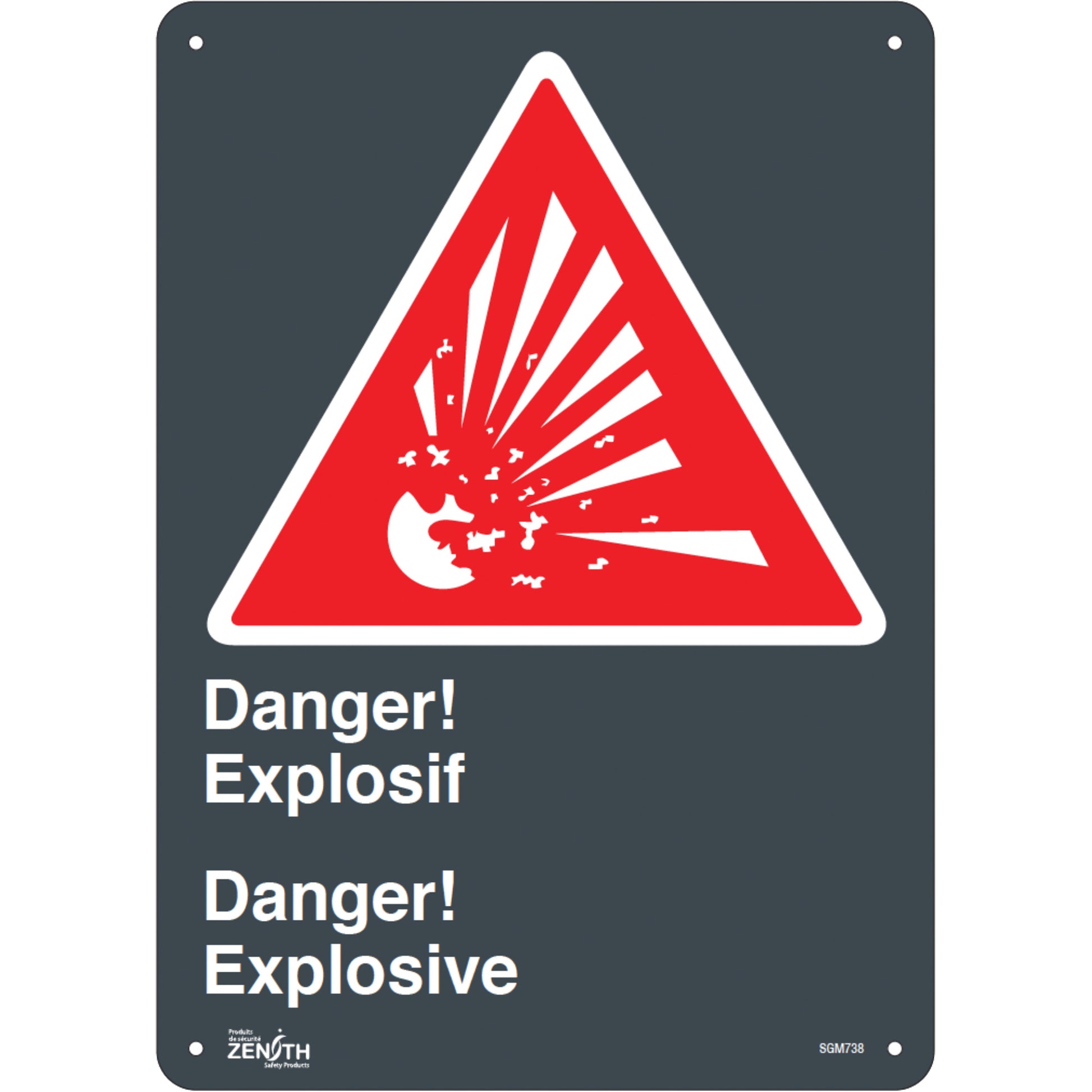 Zenith Safety Products "Explosif/Explosive" Sign, 14" x 10", Aluminum, Bilingual with Pictogram