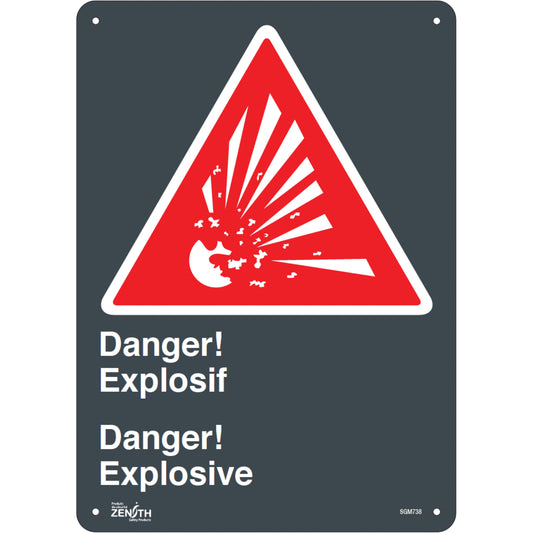 Zenith Safety Products "Explosif/Explosive" Sign, 14" x 10", Aluminum, Bilingual with Pictogram