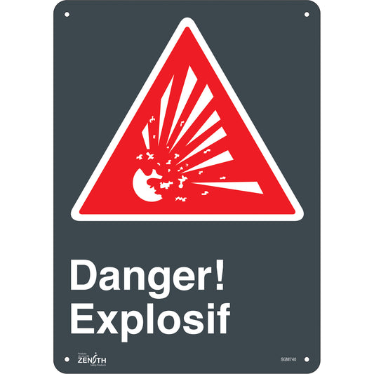 Zenith Safety Products "Explosif" Sign, 14" x 10", Plastic, French with Pictogram