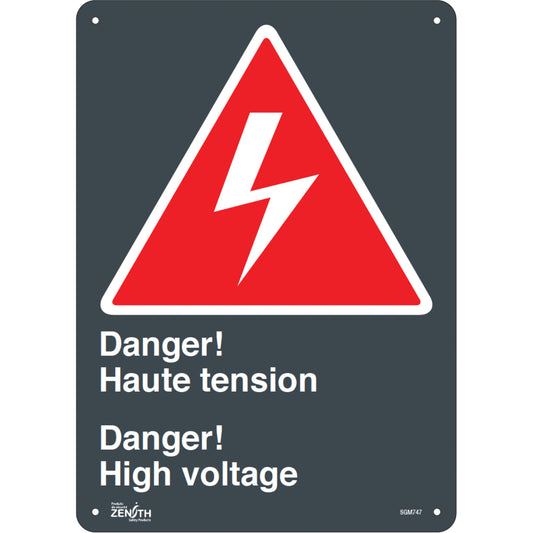 Zenith Safety Products "Haute Tension/High Voltage" Sign, 14" x 10", Aluminum, Bilingual with Pictogram
