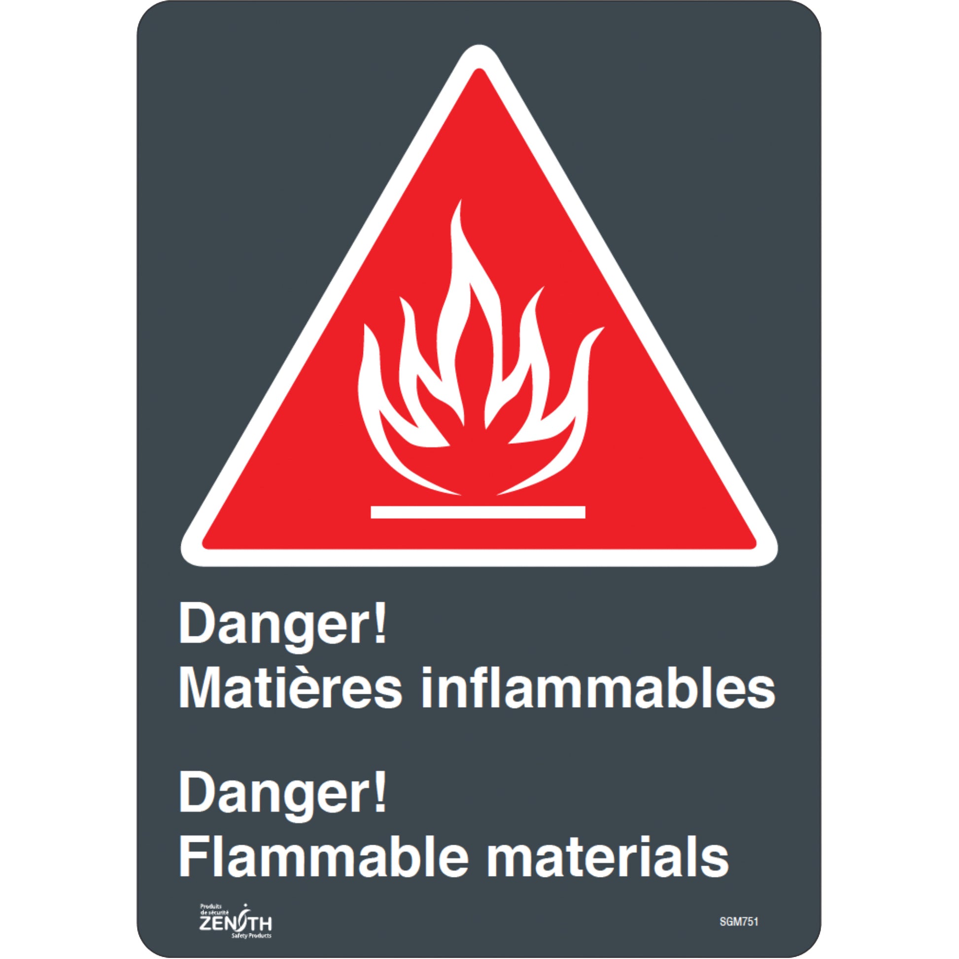 Zenith Safety Products "Flammable Materials/Matières Inflammable" Sign, 14" x 10", Vinyl, Bilingual with Pictogram