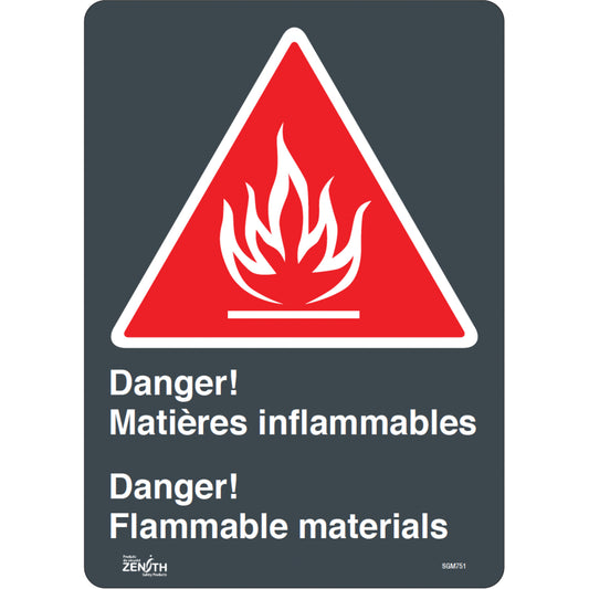 Zenith Safety Products "Flammable Materials/Matières Inflammable" Sign, 14" x 10", Vinyl, Bilingual with Pictogram