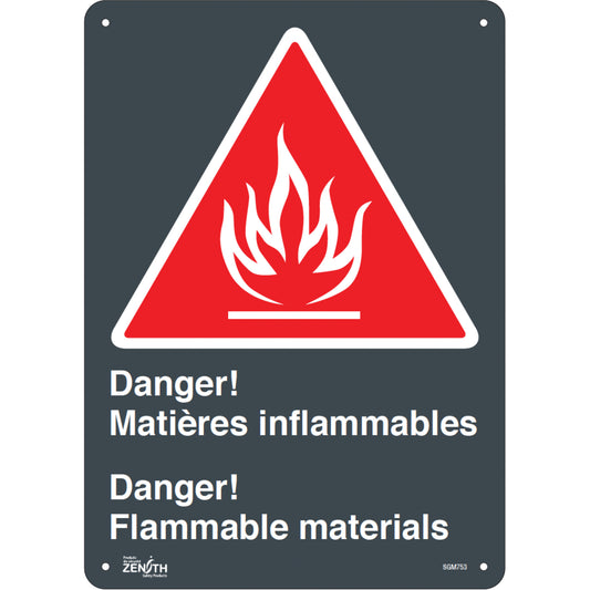 Zenith Safety Products "Matières Inflammables/Flammable Materials" Sign, 14" x 10", Aluminum, Bilingual with Pictogram