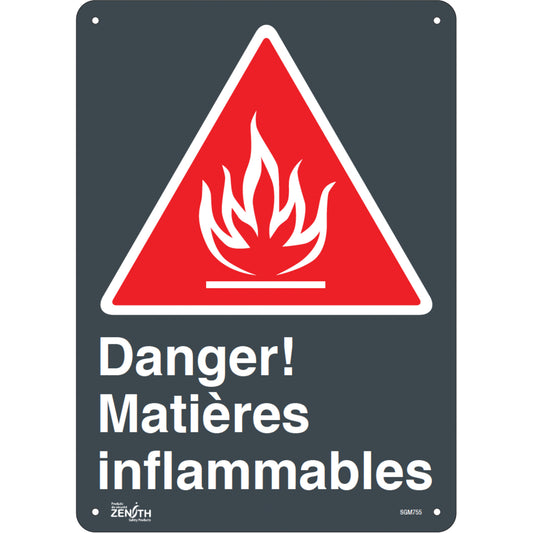 Zenith Safety Products "Matières Inflammables" Sign, 14" x 10", Plastic, French with Pictogram