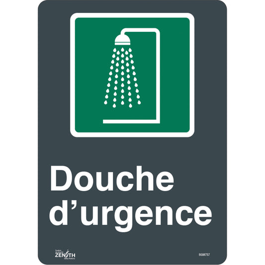 Zenith Safety Products "Douche D'Urgence" Sign, 14" x 10", Vinyl, French with Pictogram