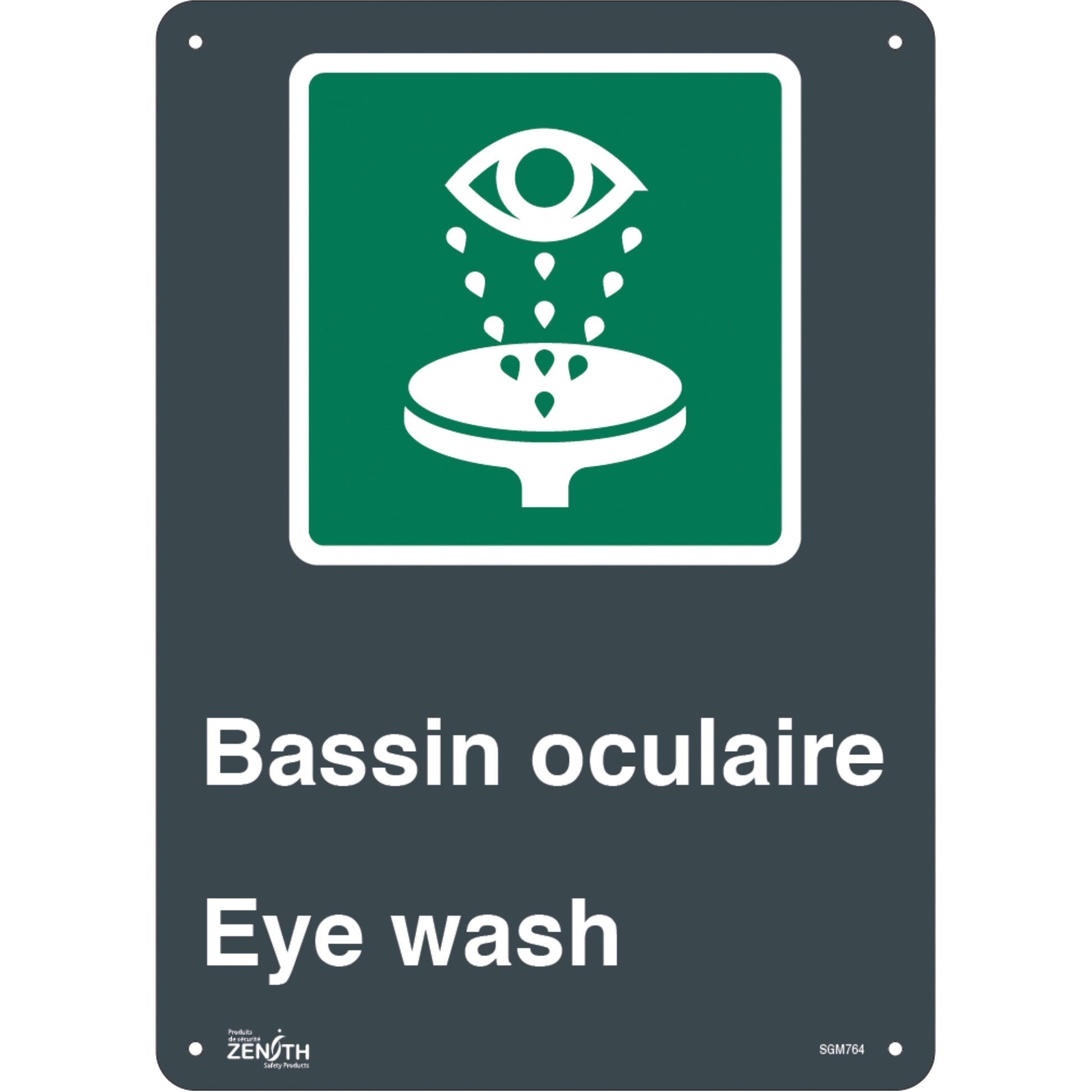 Zenith Safety Products "Bassin Oculaire/Eye Wash" Sign, 14" x 10", Plastic, Bilingual with Pictogram