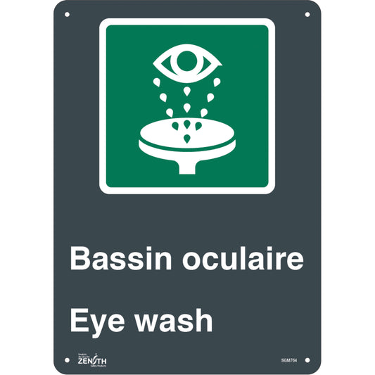 Zenith Safety Products "Bassin Oculaire/Eye Wash" Sign, 14" x 10", Plastic, Bilingual with Pictogram